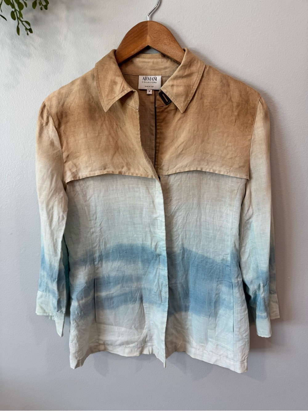 Armani Collezioni Ombre Tan, Cream & Blue Linen Button-Front Shirt Sz 4